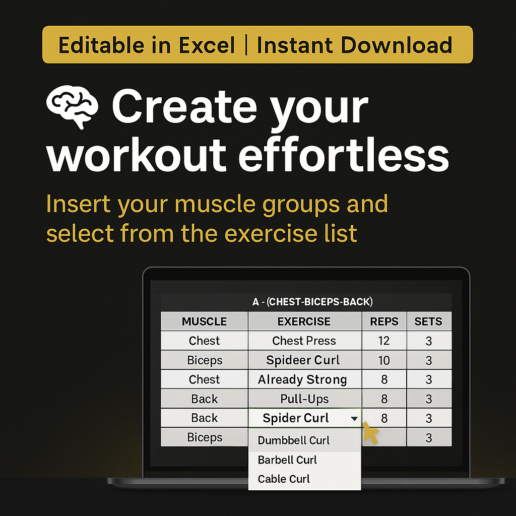 GymPlan Pro – Excel Workout Planner. Smart Excel-based training planner to build muscle with data-driven volume tracking and personalized feedback.
